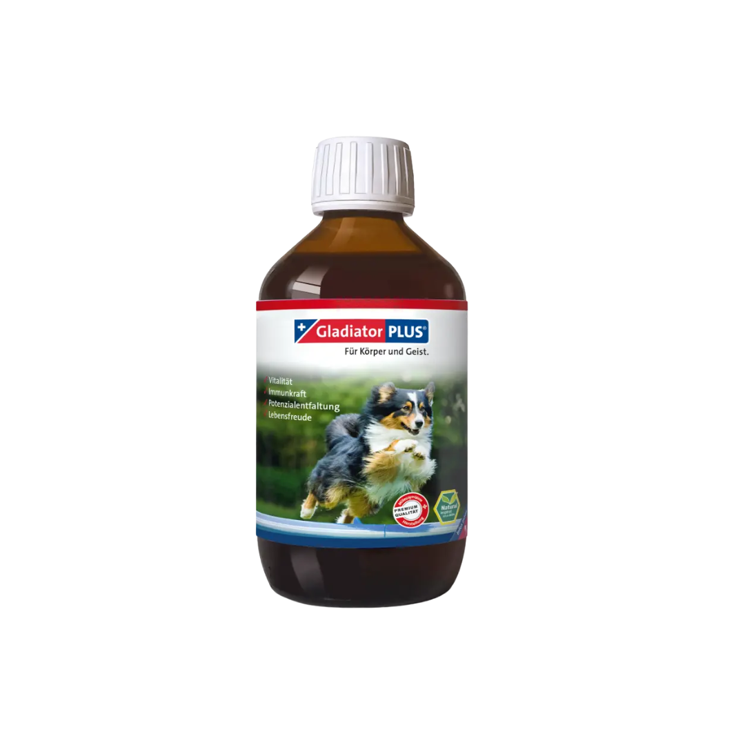 Gladiator PLUS Flasche mit 250 ml, braun-weiß, für Hunde und Katzen. Verpackung zeigt ein Bild eines Hundes und den Text 'Milieufütterung'.