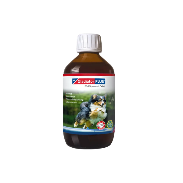 Gladiator PLUS Flasche mit 250 ml, braun-weiß, für Hunde und Katzen. Verpackung zeigt ein Bild eines Hundes und den Text 'Milieufütterung'.