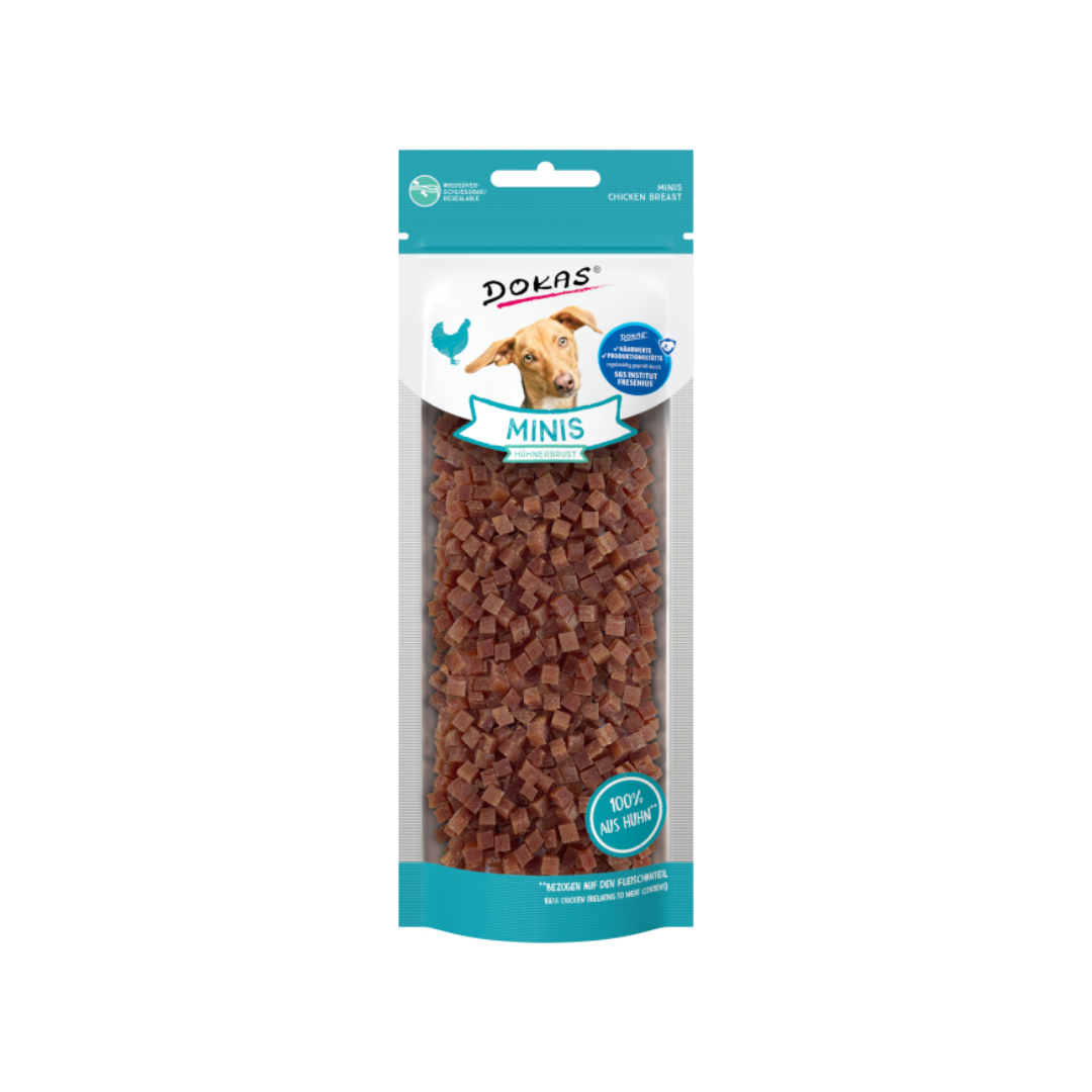 Dokas Hühnerbrust Minis – Hundesnack als Ergänzungsfuttermittel, ideal für Schnüffelteppiche und Schnüffelrasen. Inhalt: 70 g.