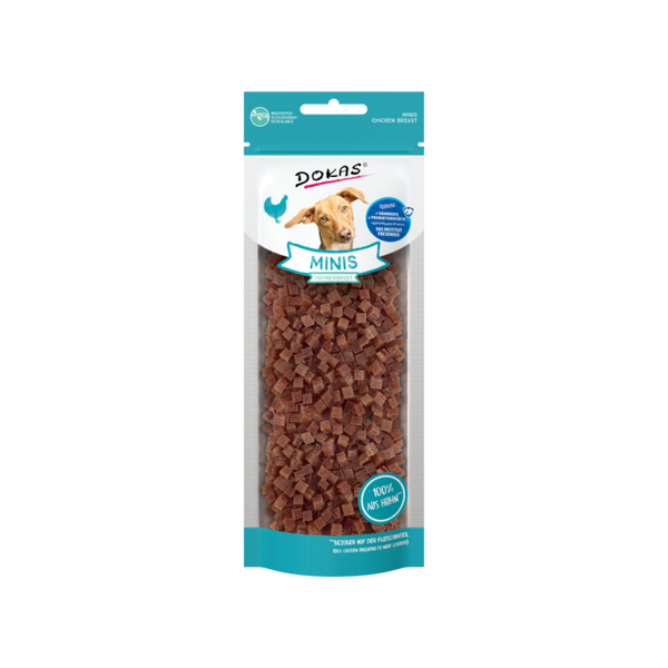 Dokas Hühnerbrust Minis – Hundesnack als Ergänzungsfuttermittel, ideal für Schnüffelteppiche und Schnüffelrasen. Inhalt: 70 g.