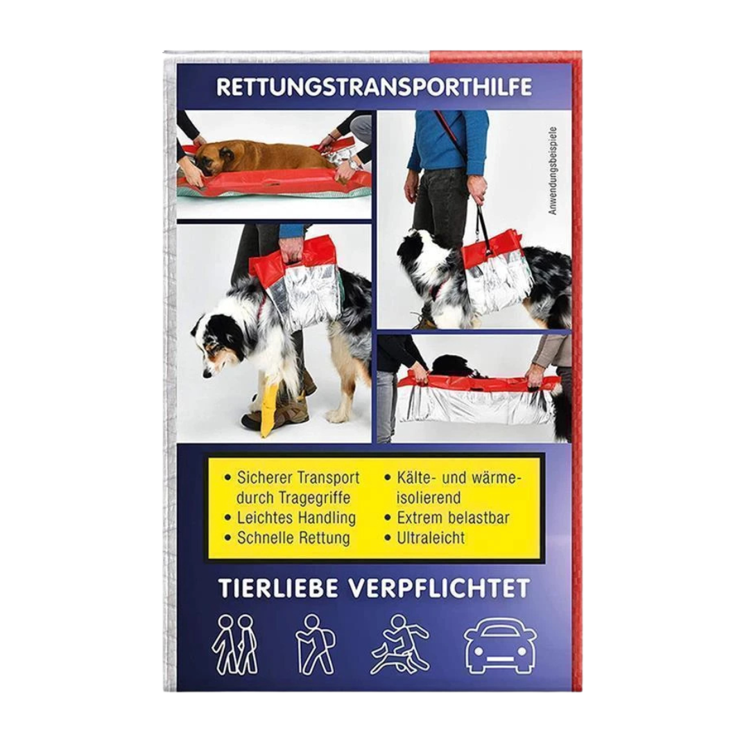 Infografik zur Rettungstransporthilfe mit Bildern von Hunden in einer Rettungsdecke. Text: Sicherer Transport durch Tragegriffe, Leichtes Handling, Schnelle Rettung, Kälte- und wärmeisoliert, Extrem belastbar, Ultraleicht.