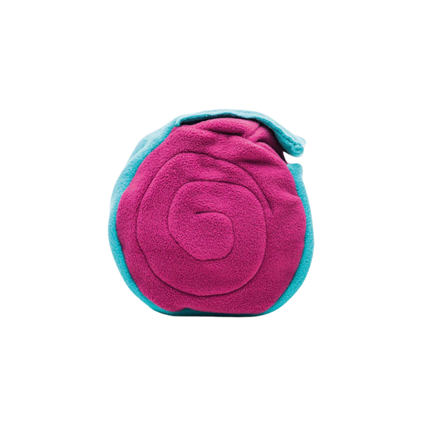 Blaue und rosafarbene Futterrolle. Man kann sie oben öffnen.