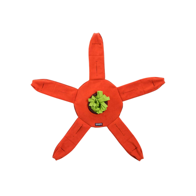 Runde Futterbox in Form eines Sterns mit fünf roten Zacken und einer grünen Füllung in der Mitte. Die Zacken sind mit Taschen zum Verstecken von Futter ausgestattet.