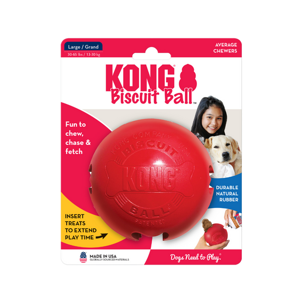 Roter KONG Biscuit Ball für Hunde, Größe Large, aus natürlichem Gummi. Verpackung zeigt den Ball und einen Hund. Text: 'Dogs Need to Play'.