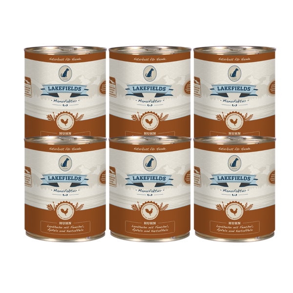 Sechs Runde Dosen mit dem Etikett 'LAKEFIELDS', Inhalt: Landhuhn mit Fenchel, Äpfeln und Kartoffeln. Die Dose hat einen metallischen Glanz und eine braune Farbfläche.