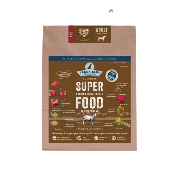 Verpackung von Lakefields Superfood für Hunde, 1 kg. Braune Tüte mit Bildern von Weidelamm, Kräutern und dem Text 'NEU' und 'MINI Adult'.
