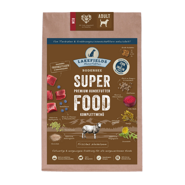 Verpackung von Lakefields Superfood für Hunde, 2.5 kg. BrauneTüte mit Bildern von Weidelamm, Kräutern und dem Text 'NEU' und 'Adult'.
