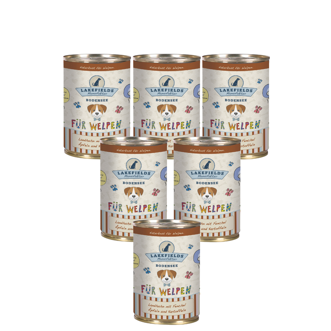 Sechs runde Dosen mit Hundefutter von Lakefields, 400g. Auf dem Etikett steht 'BODENSEE FÜR WELPEN', mit Abbildungen von Hunden, Blumen und Texten.