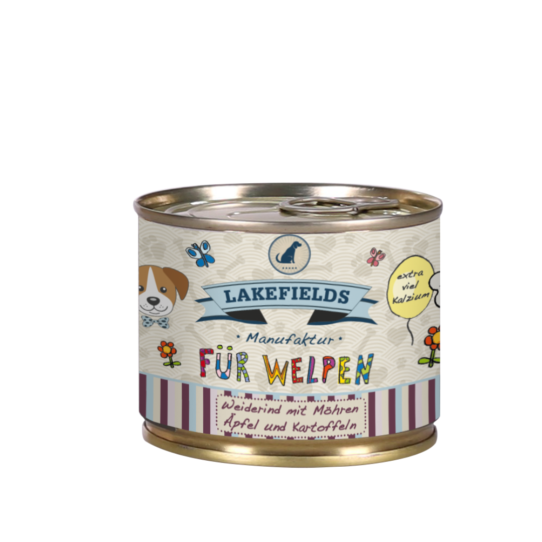 Runde Dose mit Hundefutter von Lakefields, 200g. Auf dem Etikett steht 'BODENSEE FÜR WELPEN', mit Abbildungen von Hunden, Blumen und Texten.