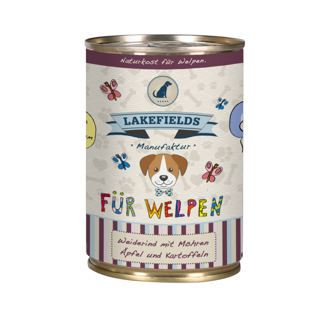 Runde Dose mit Hundefutter von Lakefields, 400g. Auf dem Etikett steht 'BODENSEE FÜR WELPEN', mit Abbildungen von Hunden, Blumen und Texten.