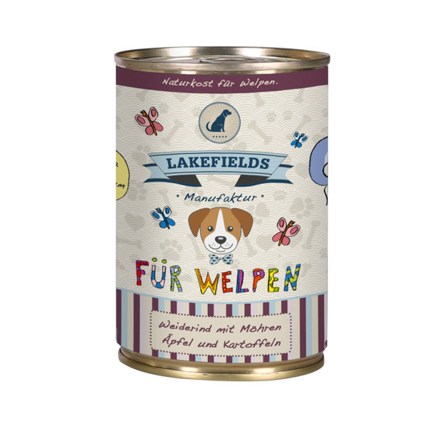 Runde Dose mit Hundefutter von Lakefields, 400g. Auf dem Etikett steht 'BODENSEE FÜR WELPEN', mit Abbildungen von Hunden, Blumen und Texten.