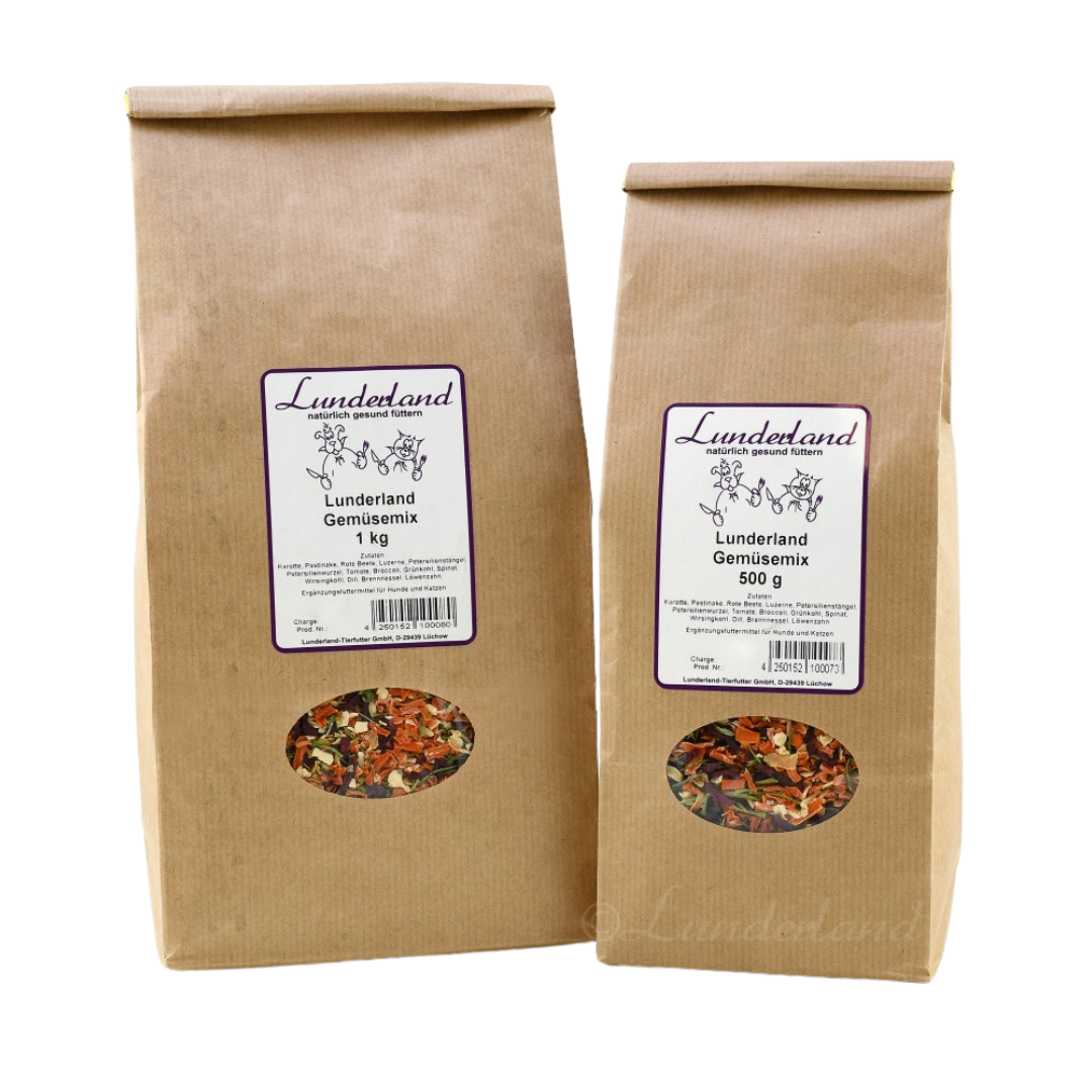 Zwei braune Papiertüten mit Futter. Links die größere Tüte mit 'Lunderland Gemüsemix 1 kg', rechts die kleinere mit 'Lunderland Gemüsemix 500 g'.