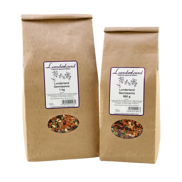 Zwei braune Papiertüten mit Futter. Links die größere Tüte mit 'Lunderland Gemüsemix 1 kg', rechts die kleinere mit 'Lunderland Gemüsemix 500 g'.