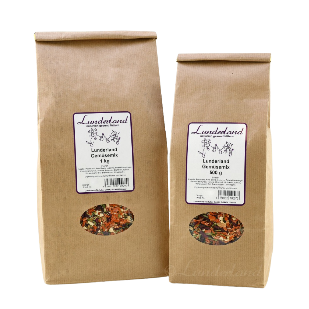 Zwei braune Papiertüten mit Futter. Links die größere Tüte mit 'Lunderland Gemüsemix 1 kg', rechts die kleinere mit 'Lunderland Gemüsemix 500 g'.