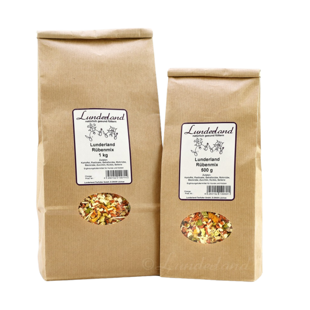 Zwei braune Papiertüten mit Futter. Links die größere Tüte mit 'Lunderland Rübenmix 1 kg', rechts die kleinere mit 'Lunderland Rübenmix 500 g'.