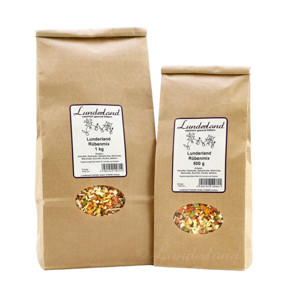 Zwei braune Papiertüten mit Futter. Links die größere Tüte mit 'Lunderland Rübenmix 1 kg', rechts die kleinere mit 'Lunderland Rübenmix 500 g'.