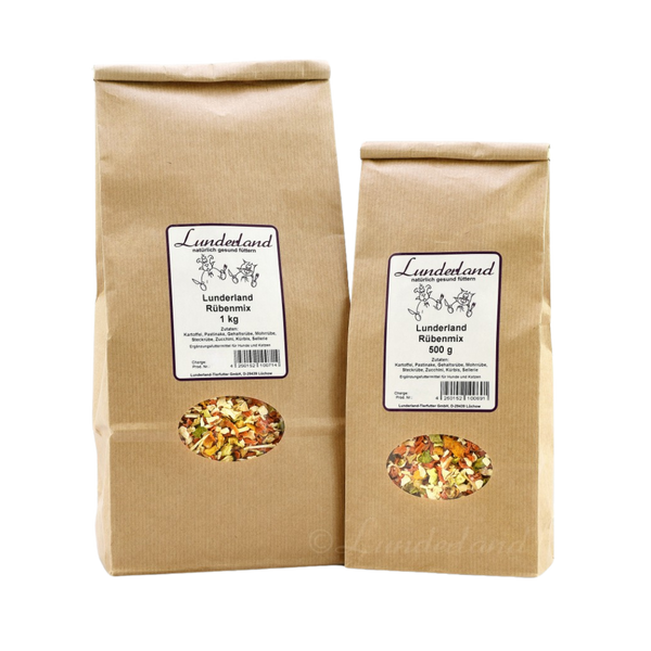 Zwei braune Papiertüten mit Futter. Links die größere Tüte mit 'Lunderland Rübenmix 1 kg', rechts die kleinere mit 'Lunderland Rübenmix 500 g'.