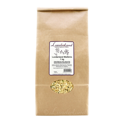 Eine braune Papiertüte mit Futter. Tüte mit 'Lunderland Weißmix 1kg'