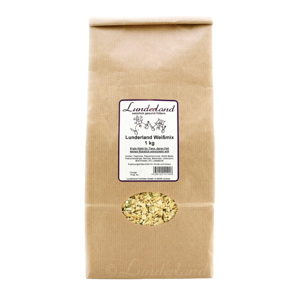 Eine braune Papiertüte mit Futter. Tüte mit 'Lunderland Weißmix 1kg'