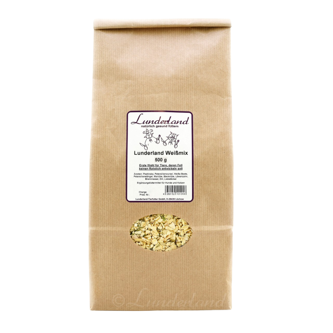 Eine braune Papiertüte mit Futter. Tüte mit 'Lunderland Weißmix 500g'