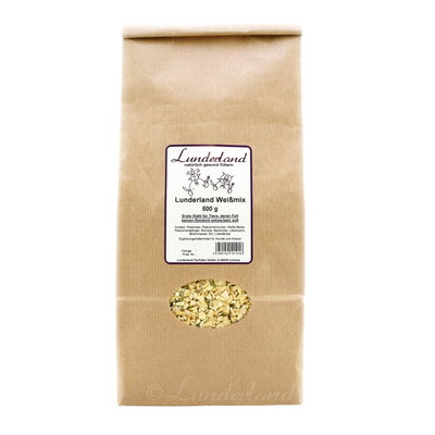 Eine braune Papiertüte mit Futter. Tüte mit 'Lunderland Weißmix 500g'