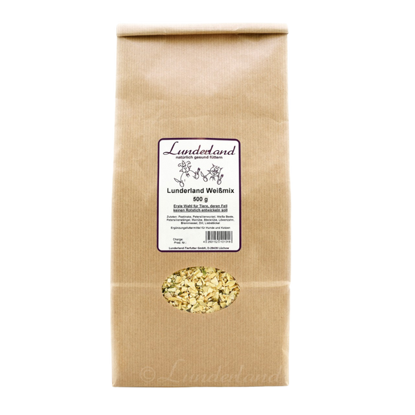 Eine braune Papiertüte mit Futter. Tüte mit 'Lunderland Weißmix 500g'