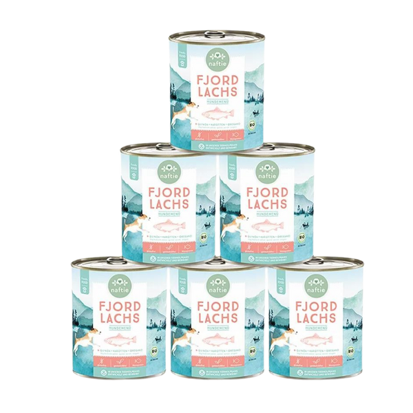 Sechs Runddosen mit dem Produktnamen 'FJORD LACHS' von naftie. Enthält Quinoa, Karotten und Oregano. Abgebildet sind ein Hund und eine Landschaft mit Bergen und Wasser.