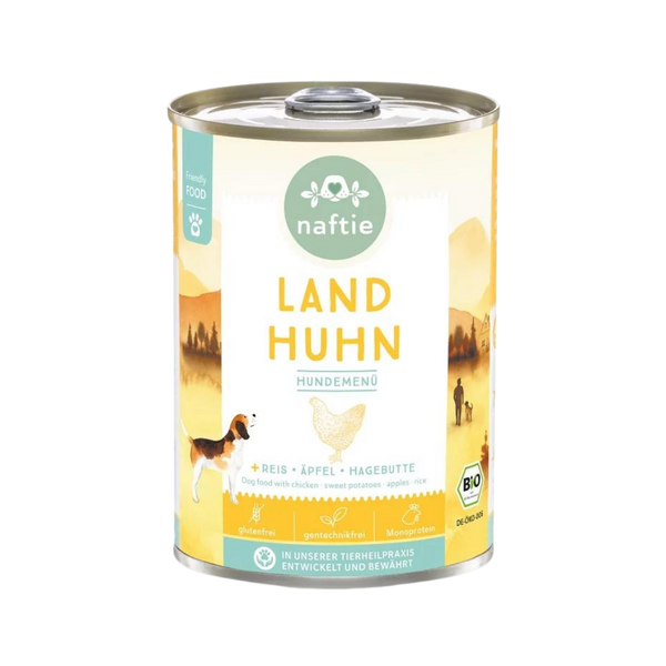 Dose mit Bio-Hundefutter von naftie, 400g, mit Abbildung eines Hundes und Landschaft im Hintergrund. Aufschrift: 'LAND HUHN HUNDEMENÜ.
