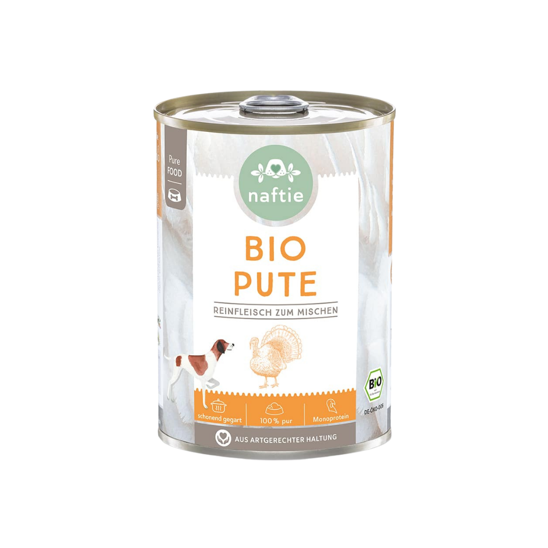 Dose mit Bio-Hundefutter von naftie, 400g, mit Abbildung eines Hundes und Pute. Aufschrift: 'BIO PUTE Reinfleisch zum mischen.