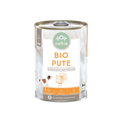 Dose mit Bio-Hundefutter von naftie, 400g, mit Abbildung eines Hundes und Pute. Aufschrift: 'BIO PUTE Reinfleisch zum mischen.