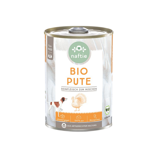 Dose mit Bio-Hundefutter von naftie, 400g, mit Abbildung eines Hundes und Pute. Aufschrift: 'BIO PUTE Reinfleisch zum mischen.