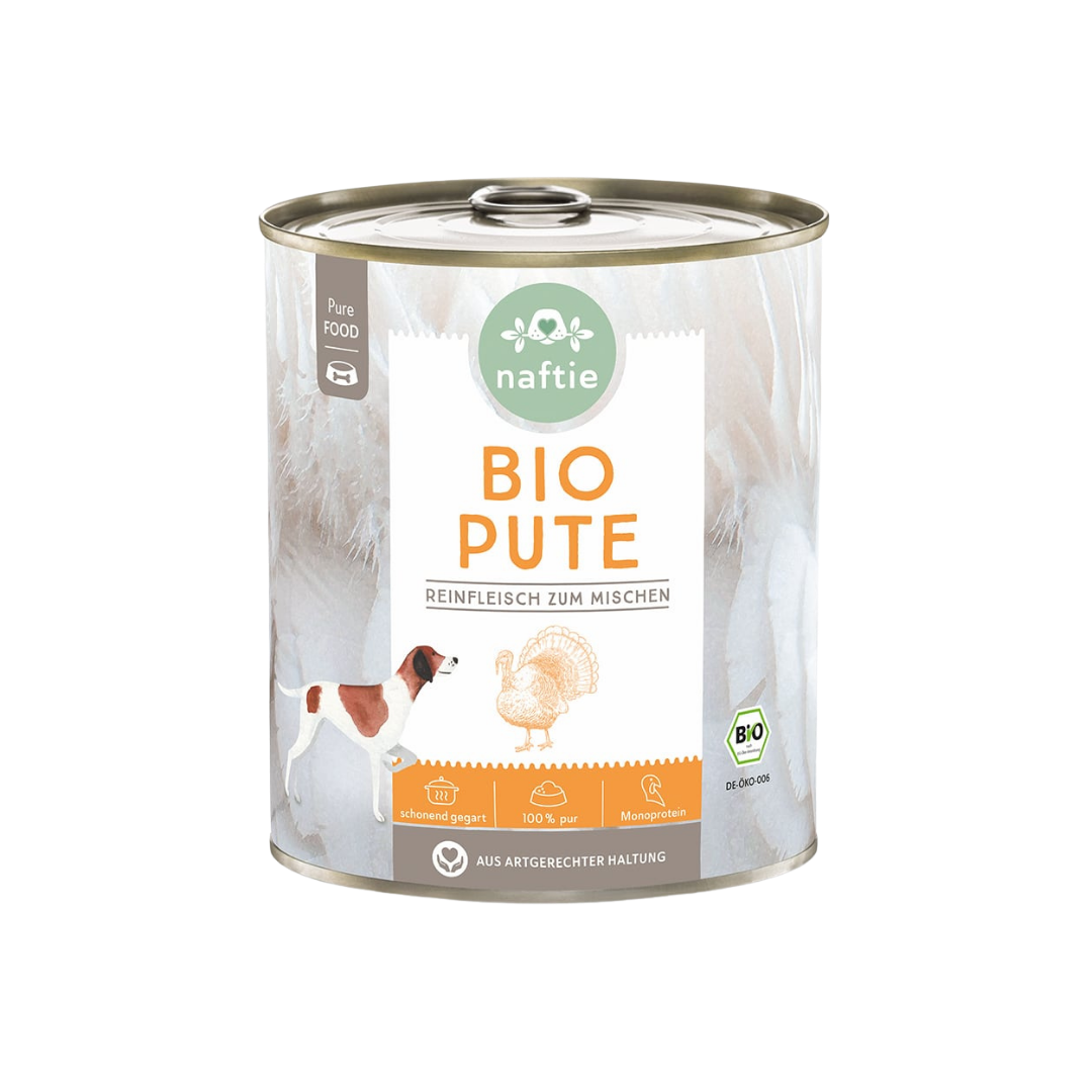 Dose mit Bio-Hundefutter von naftie, 800g, mit Abbildung eines Hundes und Pute. Aufschrift: 'BIO PUTE Reinfleisch zum mischen.