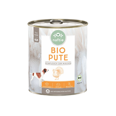 Dose mit Bio-Hundefutter von naftie, 800g, mit Abbildung eines Hundes und Pute. Aufschrift: 'BIO PUTE Reinfleisch zum mischen.