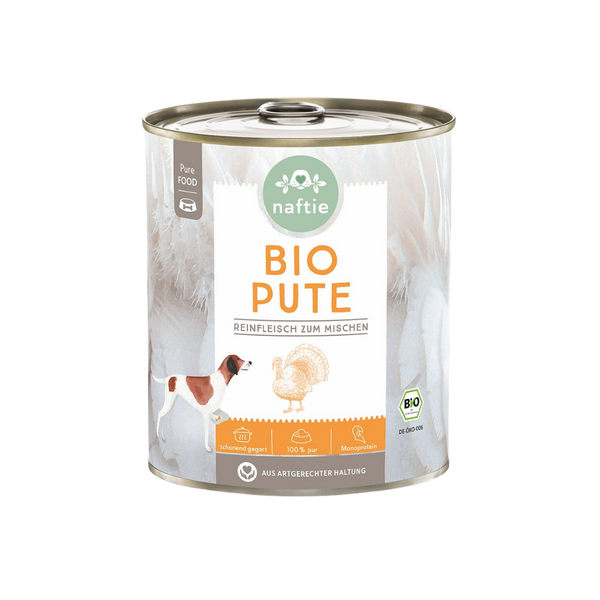 Dose mit Bio-Hundefutter von naftie, 800g, mit Abbildung eines Hundes und Pute. Aufschrift: 'BIO PUTE Reinfleisch zum mischen.