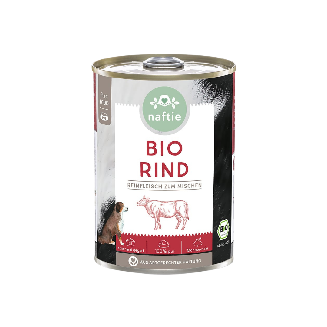 Dose mit Bio-Hundefutter von naftie, 400g, mit Abbildung eines Hundes und Rind. Aufschrift: 'BIO RIND Reinfleisch zum mischen.