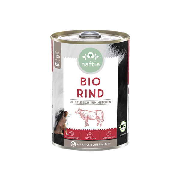 Dose mit Bio-Hundefutter von naftie, 400g, mit Abbildung eines Hundes und Rind. Aufschrift: 'BIO RIND Reinfleisch zum mischen.