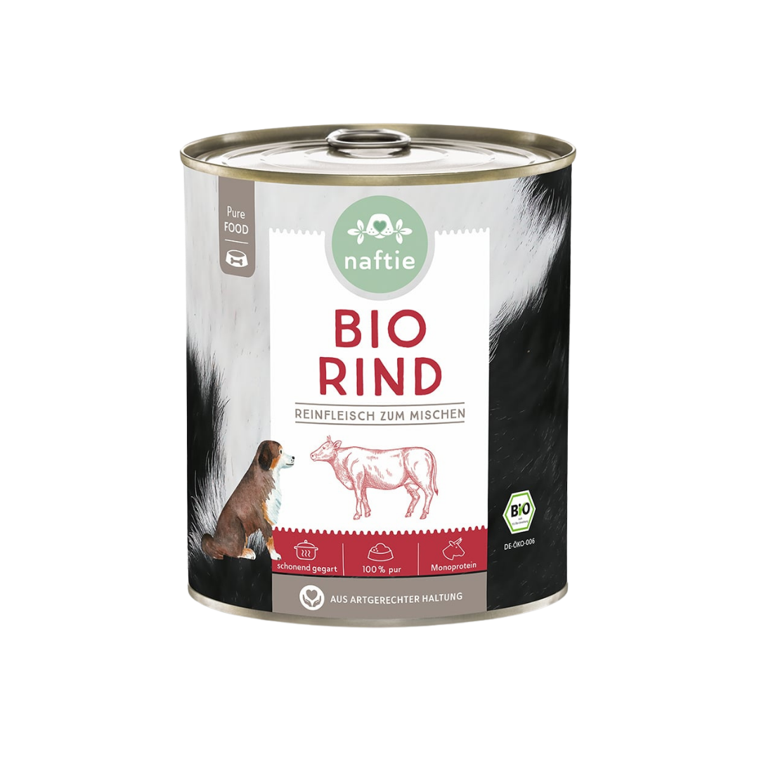 Dose mit Bio-Hundefutter von naftie, 800g, mit Abbildung eines Hundes und Rind. Aufschrift: 'BIO RIND Reinfleisch zum mischen.
