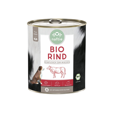 Dose mit Bio-Hundefutter von naftie, 800g, mit Abbildung eines Hundes und Rind. Aufschrift: 'BIO RIND Reinfleisch zum mischen.
