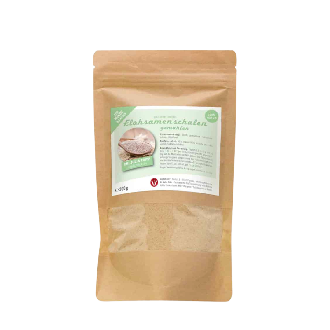 Verpackung von Flohsamenschalen, 300g, in brauner Papiertüte mit transparentem Fenster. Auf dem Etikett steht 'Flohsamenschalen gemahlen'.