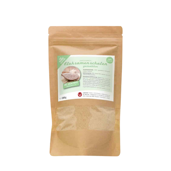 Verpackung von Flohsamenschalen, 300g, in brauner Papiertüte mit transparentem Fenster. Auf dem Etikett steht 'Flohsamenschalen gemahlen'.