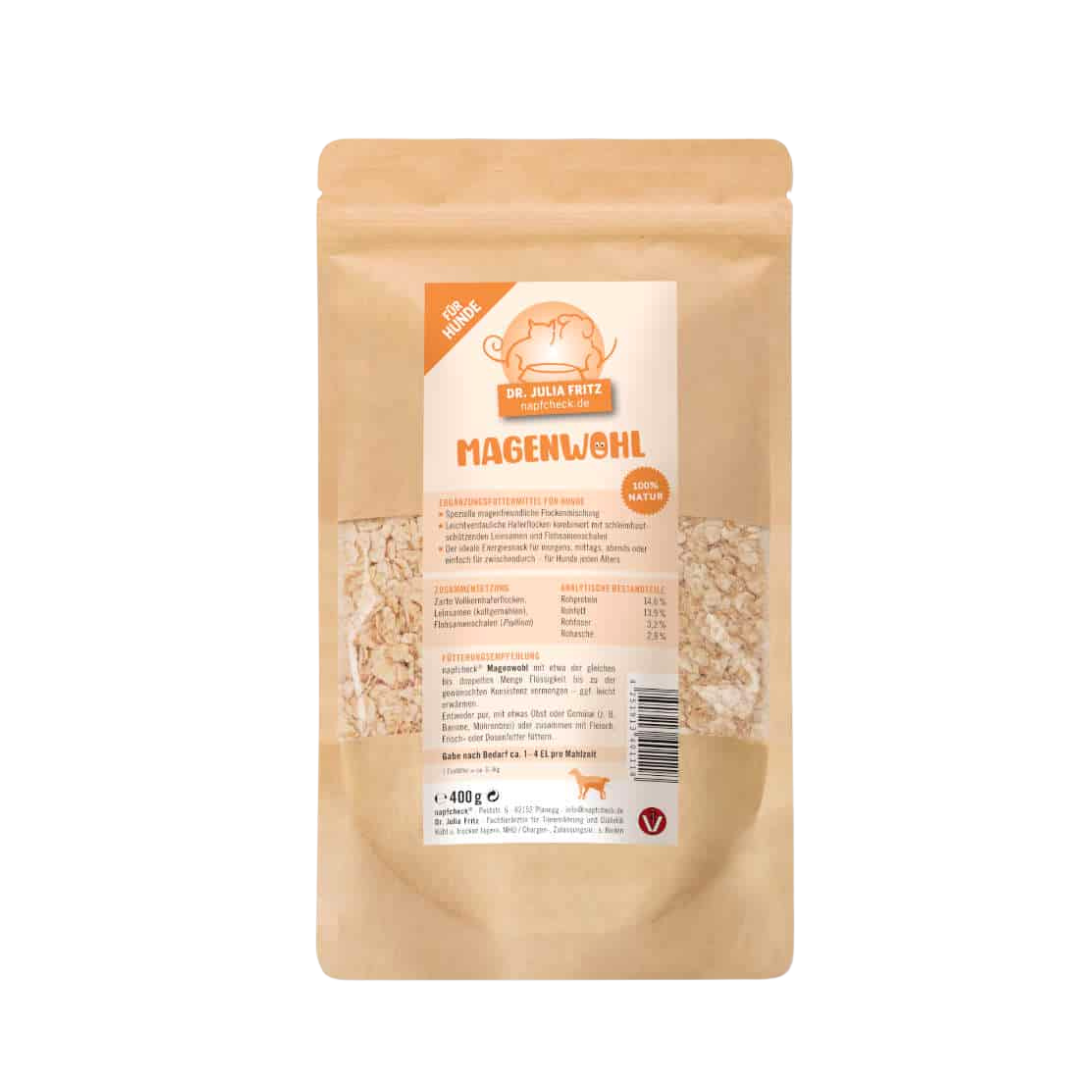 Verpackung von 'Magenwohl' für Hunde, 400g, mit beige-braunem Design, enthält Zutatenliste und Nährwerte auf der Rückseite.