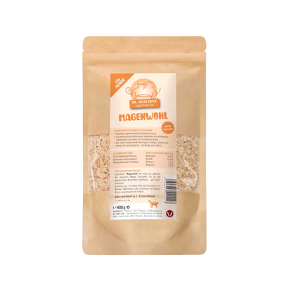 Verpackung von 'Magenwohl' für Hunde, 400g, mit beige-braunem Design, enthält Zutatenliste und Nährwerte auf der Rückseite.