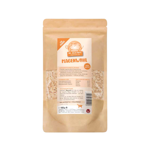 Verpackung von 'Magenwohl' für Hunde, 400g, mit beige-braunem Design, enthält Zutatenliste und Nährwerte auf der Rückseite.