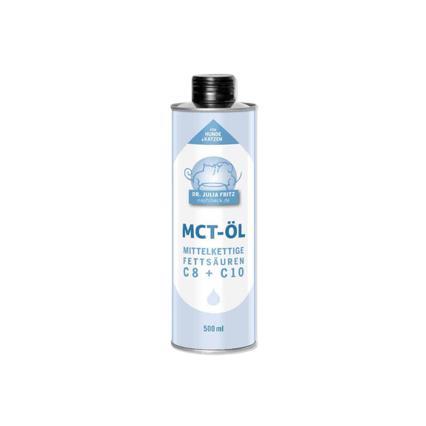 Eine 500 ml Flasche MCT-Öl mit einem silbernen Deckel. Auf dem Etikett steht 'MCT-ÖL', 'MITTELKETTIGE FETTSÄUREN C8 + C10' und '500 ml'