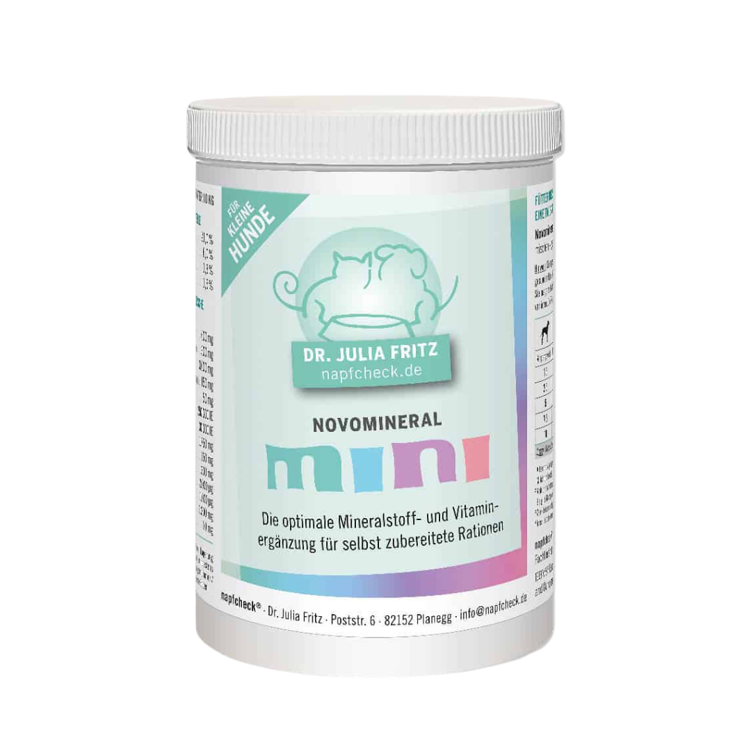 Runddose mit 500g Nahrungsergänzung für Hunde. Auf dem Etikett steht 'Dr. Julia Fritz', 'napfcheck.de', 'Novomineral', 'MINI'.