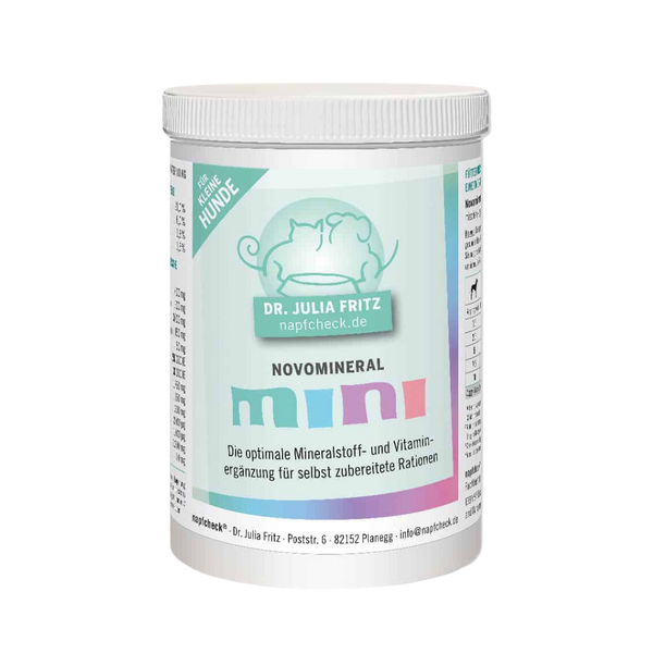 Runddose mit 500g Nahrungsergänzung für Hunde. Auf dem Etikett steht 'Dr. Julia Fritz', 'napfcheck.de', 'Novomineral', 'MINI'.