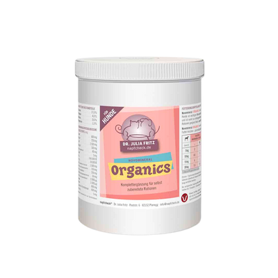 Runddose mit 500g Nahrungsergänzung für Hunde. Auf dem Etikett steht 'Dr. Julia Fritz', 'napfcheck.de', 'Novomineral', Organics'.
