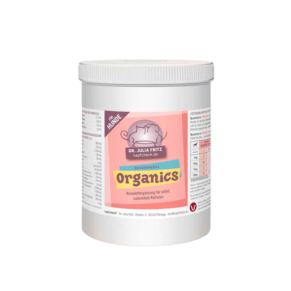 Runddose mit 500g Nahrungsergänzung für Hunde. Auf dem Etikett steht 'Dr. Julia Fritz', 'napfcheck.de', 'Novomineral', Organics'.