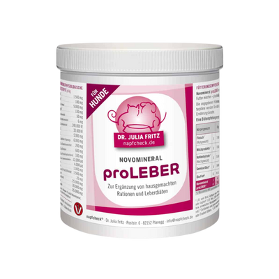 Runddose mit 500g Nahrungsergänzung für Hunde. Auf dem Etikett steht 'Dr. Julia Fritz', 'napfcheck.de', 'Novomineral', 'PorLeber'.