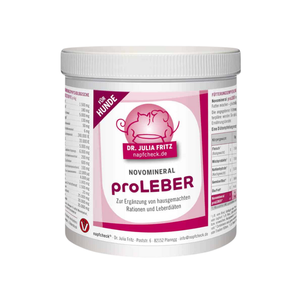 Runddose mit 500g Nahrungsergänzung für Hunde. Auf dem Etikett steht 'Dr. Julia Fritz', 'napfcheck.de', 'Novomineral', 'PorLeber'.